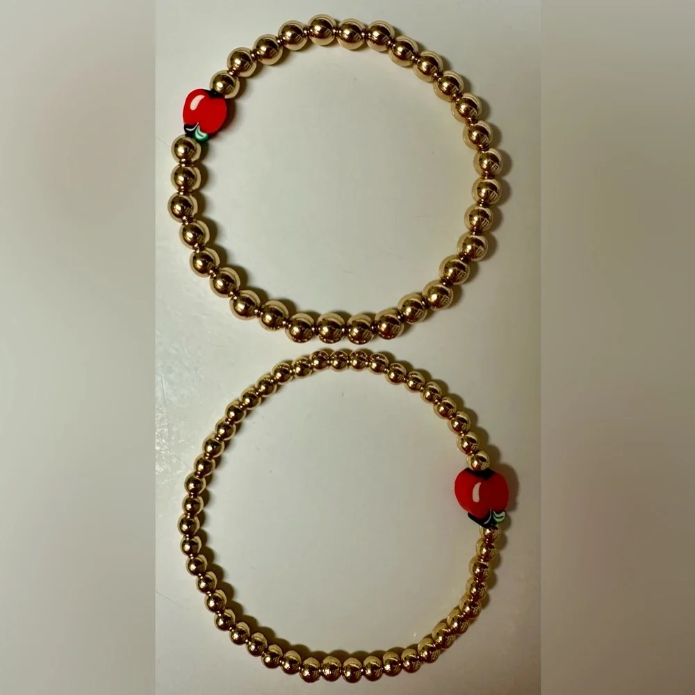 Teacher Apple Bracelet Set Gold Bead Stackable Bracelets Teacher Gift - Picture 3 of 4